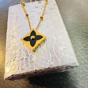 Gold-Tone Black Floral Pendant Necklace - Women Jewelry